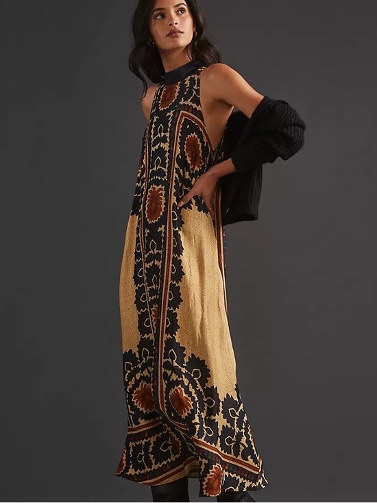 FARM Rio Dresses & Skirts - Farm Rio Halter Maxi Dress Sleeveless Floral Scarf Print Beige Orange Med